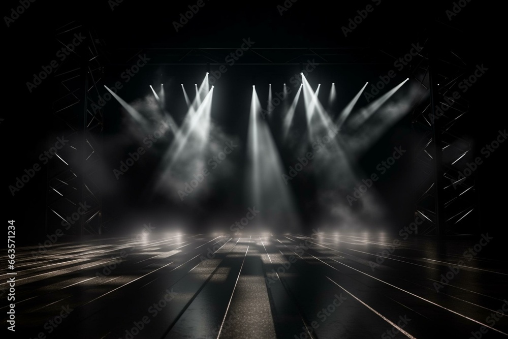 Dark abstract background with spotlight reflection on asphalt, neon light rays, shapes, and smoke on an empty stage show. Generative AI
