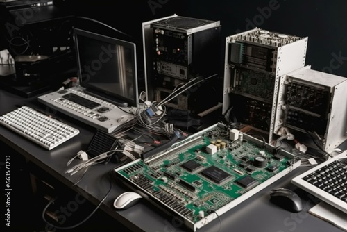 Perspective view of computer hardware equipment. Generative AI photo