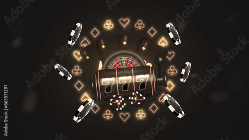 Poker cards with a casino slot machine with dice, chips and roulette on the background of a golden frame of hearts, spades, diamonds and crosses.