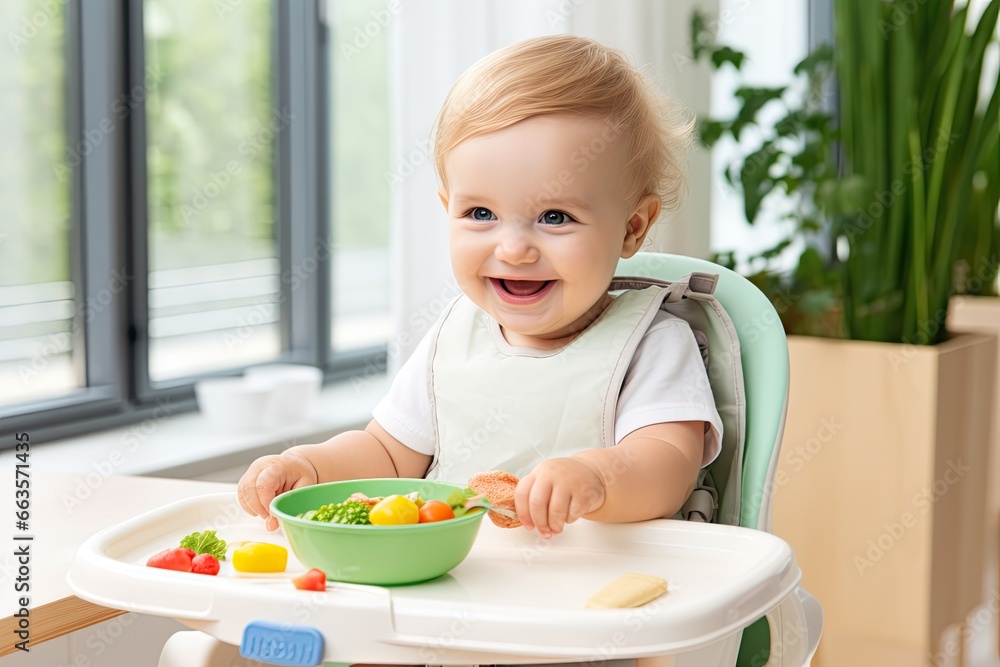 Happy child indulges in a nutritious meal, laughing heartily while seated in a high chair. Happy child indulges in a nutritious meal, laughing heartily while seated in a high chair.