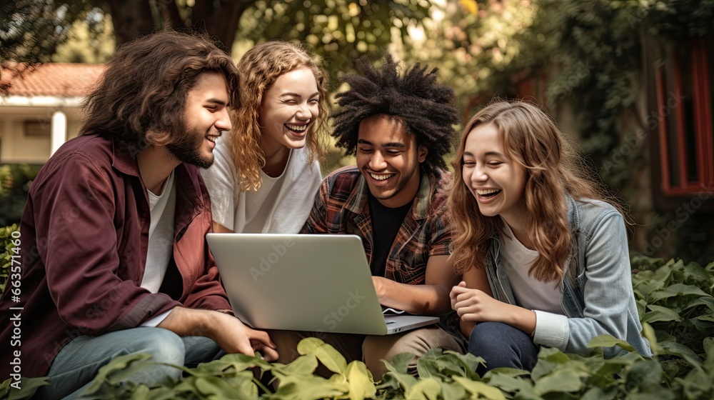 Four diverse joyful students sharing laughter, forming a close-knit group of happiness.