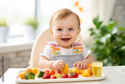 Happy child indulges in a nutritious meal, laughing heartily while seated in a high chair.