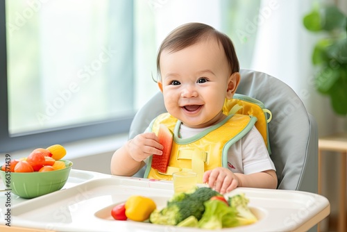Happy child indulges in a nutritious meal, laughing heartily while seated in a high chair.
