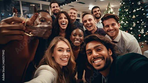 Friends at a Christmas party capture the moment with a group selfie © Banana Images