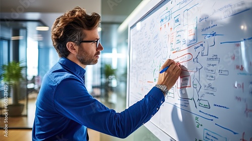 Focused man with glasses using a whiteboard in an office,diligently recording important information