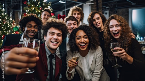 Friends at a Christmas party capture the moment with a group selfie