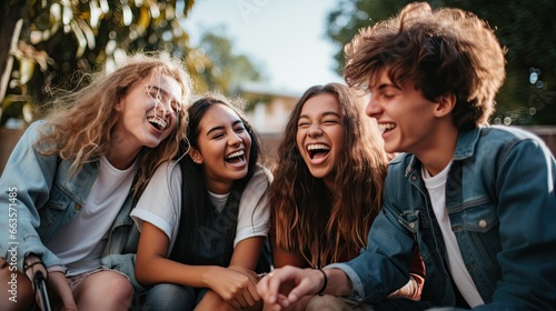 Four diverse joyful students sharing laughter, forming a close-knit group of happiness.