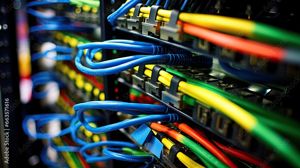 Close-up, server rack with cables,showcasing robust internet connectivity, efficient data processing Close-up, server rack with cables,showcasing robust internet connectivity, efficient data processing