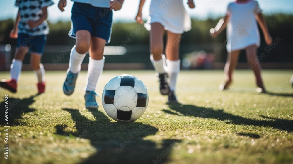 Children playing soccer on a grassy field with a football, surrounded by vibrant greenery.