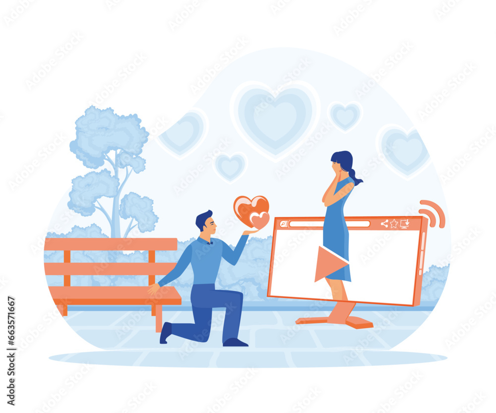 Virtual relationships online dating cartoon composition with computer screens and couple having date with messaging pictogram. flat vector modern illustration Virtual relationships online dating cartoon composition with computer screens and couple having date with messaging pictogram. flat vector modern illustration