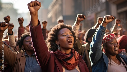 Black women raise their fists in solidarity, symbolizing strength and unity. Fighting rights photo