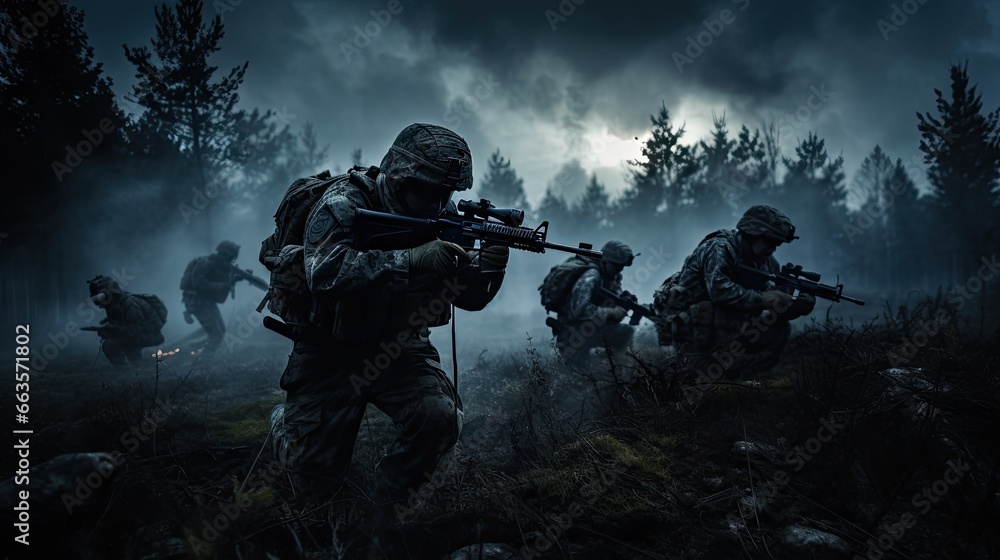 Armed soldiers amidst dense forest, engulfed in smoke, engaged in warfare. Armed soldiers amidst dense forest, engulfed in smoke, engaged in warfare.