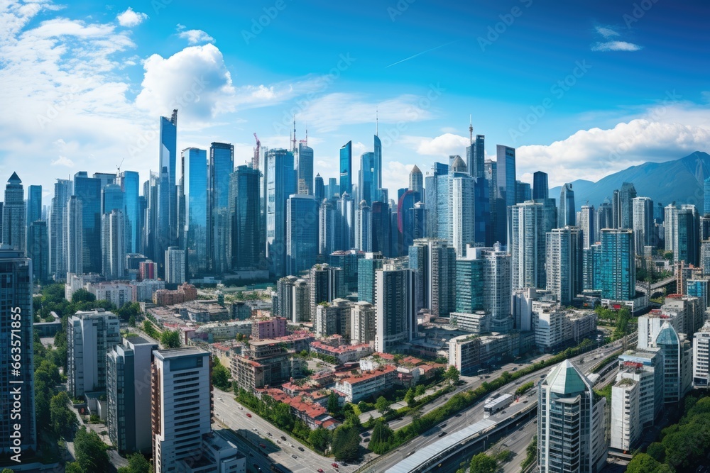 An impressive urban skyline, featuring a cluster of modern high-rise buildings, colorful sunset