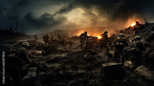 Armed soldiers amidst dense forest, engulfed in smoke, engaged in warfare.