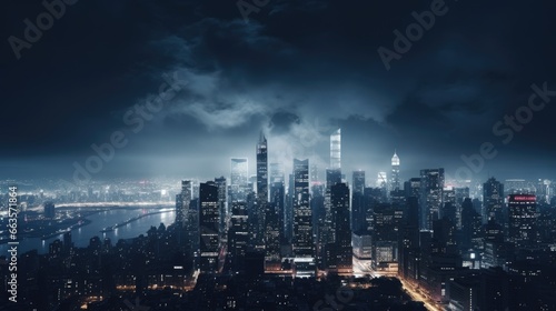 An impressive nighttime panorama of a bustling metropolis,showcasing vibrant energy and urban beauty