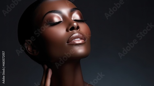 A stunning African woman with closed eyes  radiating beauty and elegance.