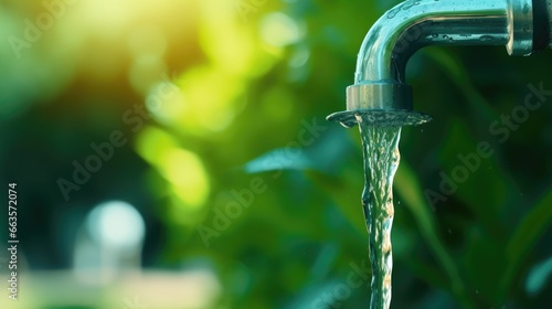 A tap releasing water onto a vibrant green field,symbolizing the essential of water.Natural resource
