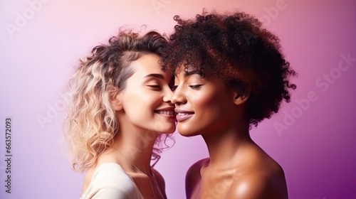 A romantic moment captured in a studio: two women sharing a kiss on a vivid background