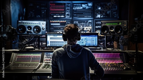 A man in a recording studio wears headphones as he works on producing music