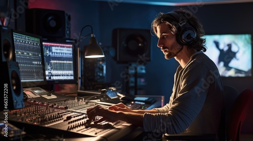 A man in a recording studio wears headphones as he works on producing music photo