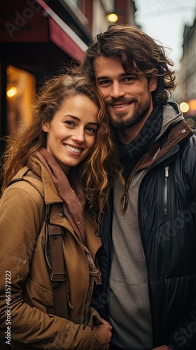 A man and woman, beaming with joy in a street during fall.
