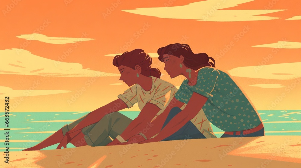 a lesbian couple, both women, recline on the sandy ground, embracing the tranquility. lgbt concept