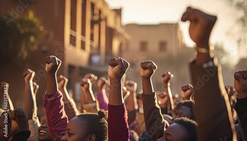 A group of black women stand together, fists raised, as a symbol of justice and equality