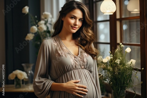 A graceful pregnant woman in an elegant dress, radiating beauty and motherhood. © Banana Images