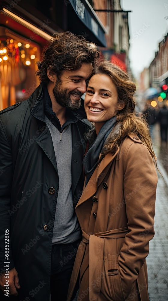 A diverse couple, a man and woman, smiling happily in front of a store on a bustling street.