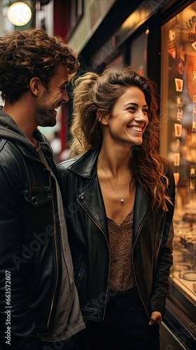 A diverse couple, a man and woman, smiling happily in front of a store on a bustling street. © Banana Images