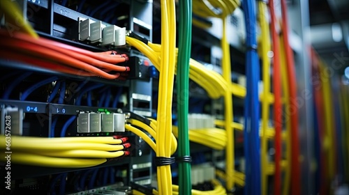 A detailed view of a server rack, intricate network of cables ensuring internet connection photo