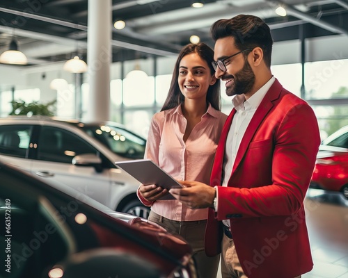A car salesman and a customer discussing a purchase at a dealership, finalizing the deal