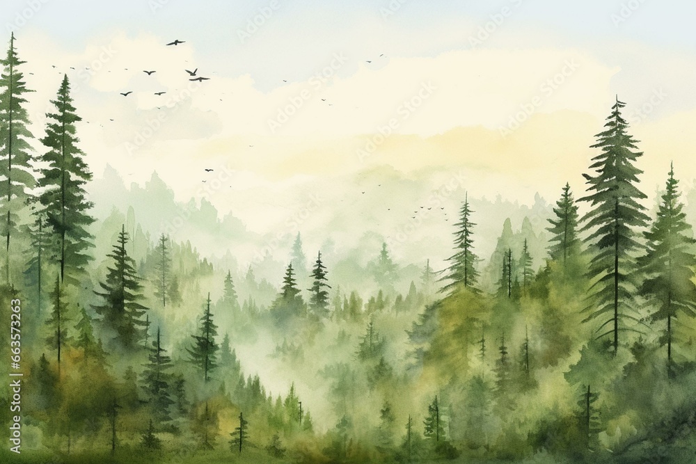 Hand-drawn watercolor painting of a forest landscape with green silhouettes of pine and fir trees against a sky with birds. Generative AI