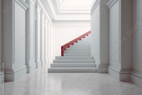 3D red arrow on white wall with white staircase  ascending over steps. Generative AI