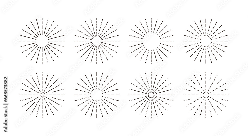 Obraz premium Set of radial circular graphic designs with simple, modern, geometric and abstract shapes. Effect elements such as spark, light, sunlight, fireworks, explode, shine, explode, beam, bright, propagate, 