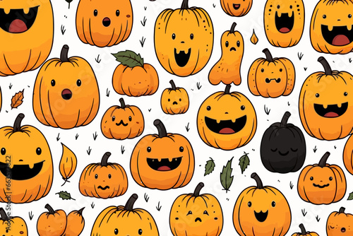 Jack-o-lanterns quirky doodle pattern, wallpaper, background, cartoon, vector, whimsical Illustration