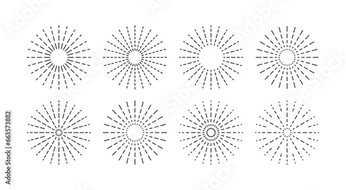 Set of radial circular graphic designs with simple  modern  geometric and abstract shapes. Effect elements such as spark  light  sunlight  fireworks  explode  shine  explode  beam  bright  propagate  