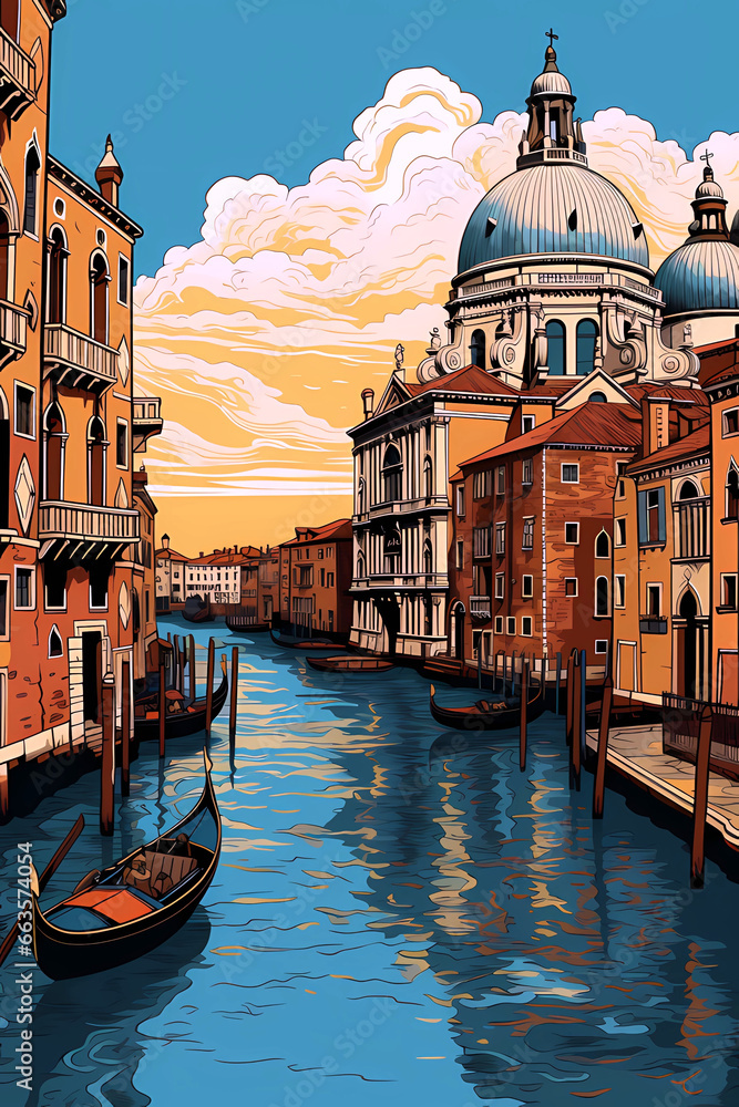 picturesque Venice canal, buildings church dome architecture painted in graphic poster style illustration