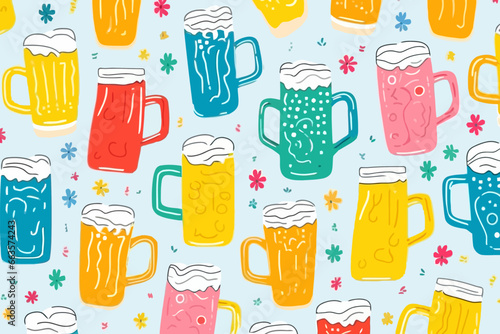 Beer mug quirky doodle pattern, wallpaper, background, cartoon, vector, whimsical Illustration