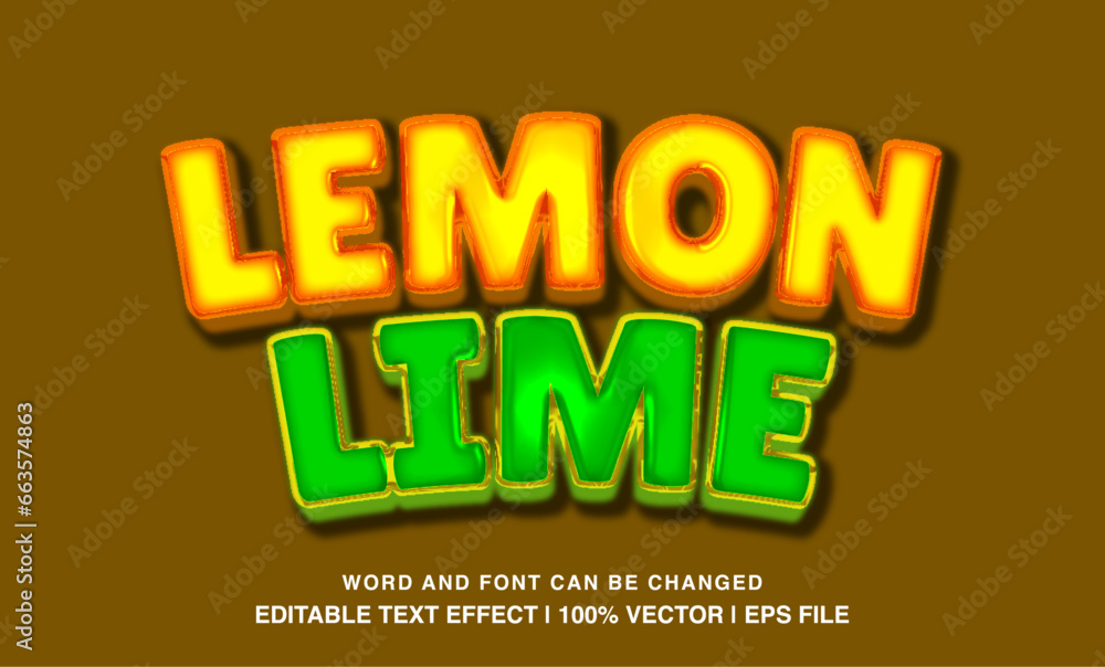 Lemon lime editable text effect template, 3d bold cartoon style typeface, premium vector