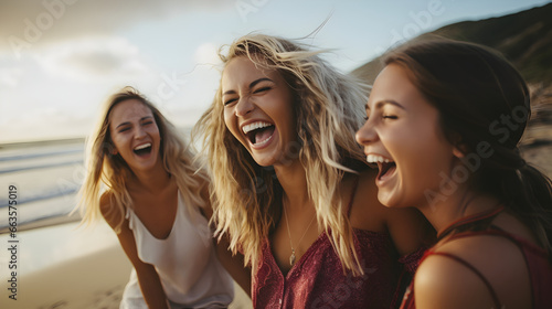 3 Young Girls Laughing on the Beach, Moment of Friendship, joy, happiness, and summer.
