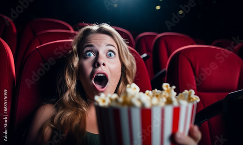 Portrait of a woman with a shocked or scared expression watching a film in a cinema