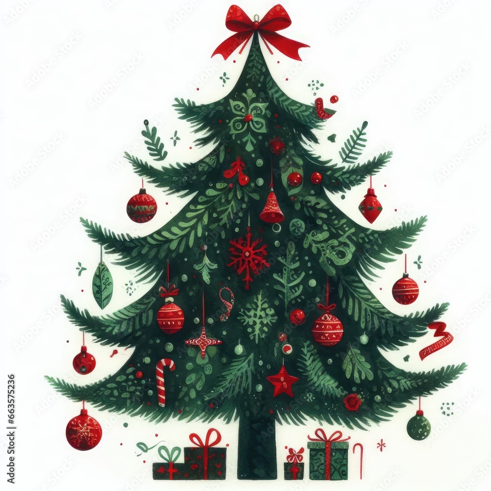 Illustration of a christmas tree with red and green decorations and presents. Illustration of a christmas tree with red and green decorations and presents.
