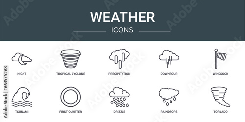 set of 10 outline web weather icons such as night, tropical cyclone, precipitation, downpour, windsock, tsunami, first quarter vector icons for report, presentation, diagram, web design, mobile app