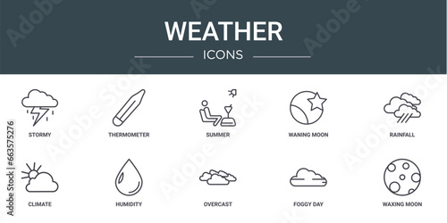 set of 10 outline web weather icons such as stormy, thermometer, summer, waning moon, rainfall, climate, humidity vector icons for report, presentation, diagram, web design, mobile app