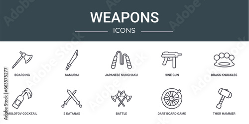 set of 10 outline web weapons icons such as boarding, samurai, japanese nunchaku, hine gun, brass knuckles, molotov cocktail, 2 katanas vector icons for report, presentation, diagram, web design,