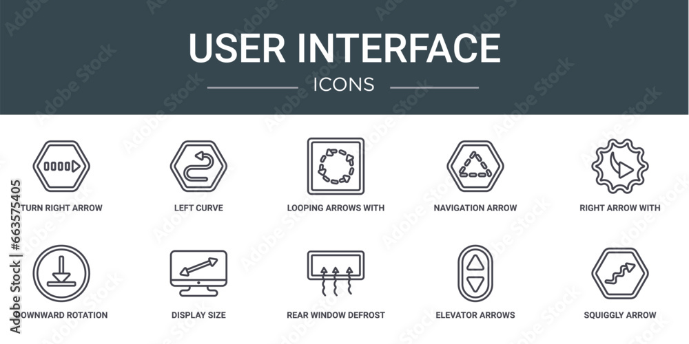set of 10 outline web user interface icons such as turn right arrow with broken line, left curve, looping arrows with broken line, navigation arrow with broken line, right arrow turn, downward