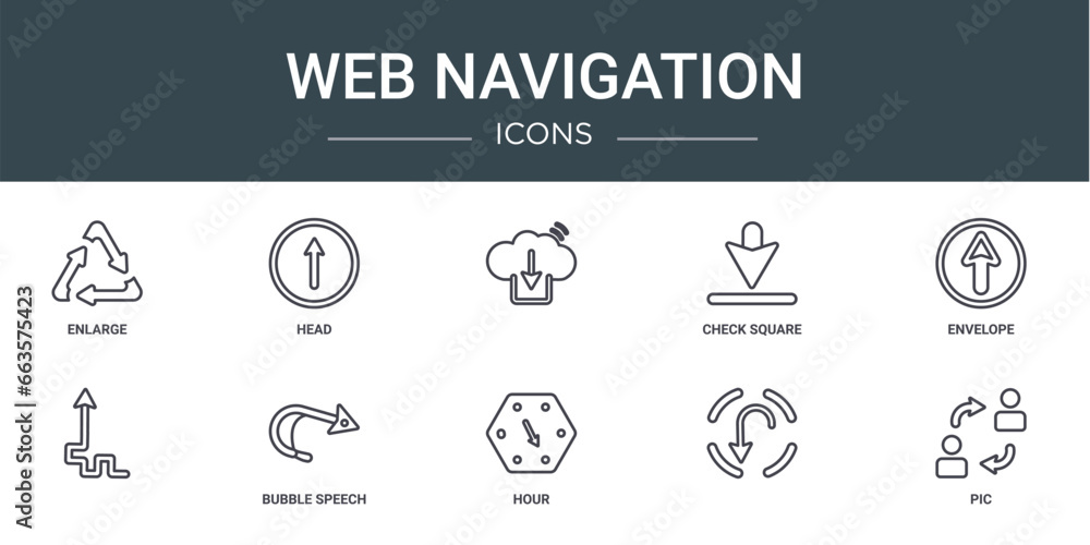 set of 10 outline web web navigation icons such as enlarge, head, , check square, envelope, bubble speech vector icons for report, presentation, diagram, web design, mobile