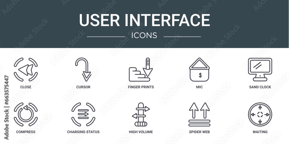 set of 10 outline web user interface icons such as close, cursor, finger prints, mic, sand clock, compress, charging status vector icons for report, presentation, diagram, web design, mobile app
