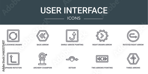 set of 10 outline web user interface icons such as clockwise drawn arrow, back arrow, swirly arrow pointing upwards, right drawn rotated right upward rotation with broken line, archery champion